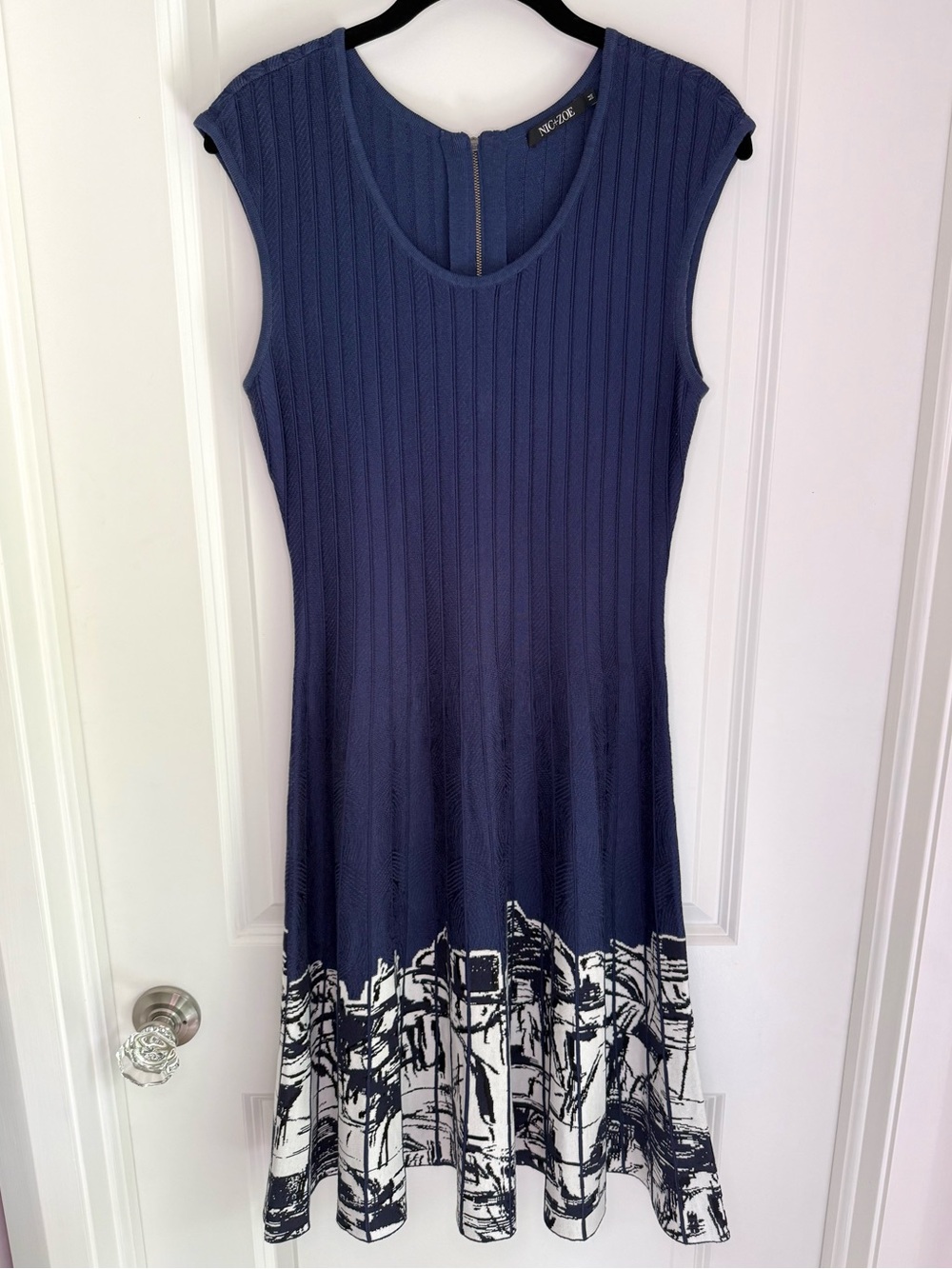 Nic+Zoe Fit and Flare Sleeveless Knit Dress Navy/White size M